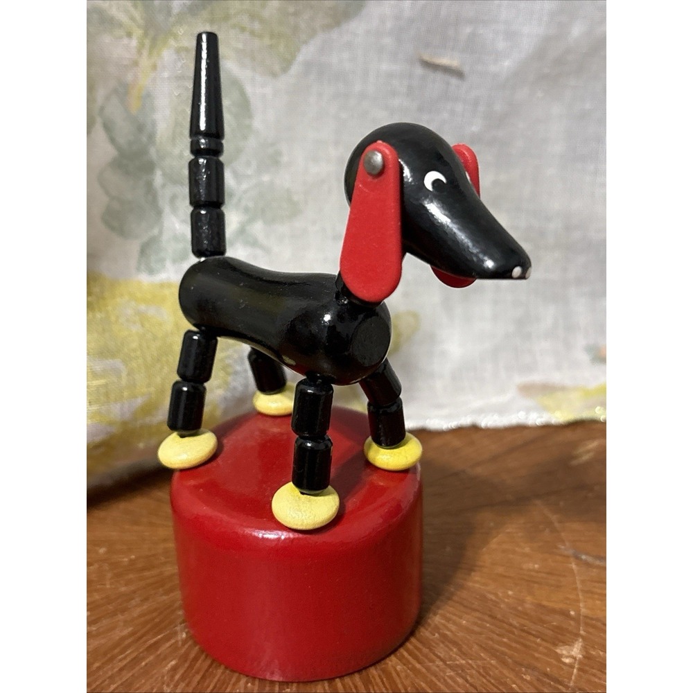 BRIO Dachshund Wood Black Dog push up toy puppet Vintage Made in Sweden MCM